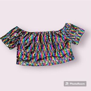 SAY WHAT? Off Shoulder Sequin Sparkle Crop Top